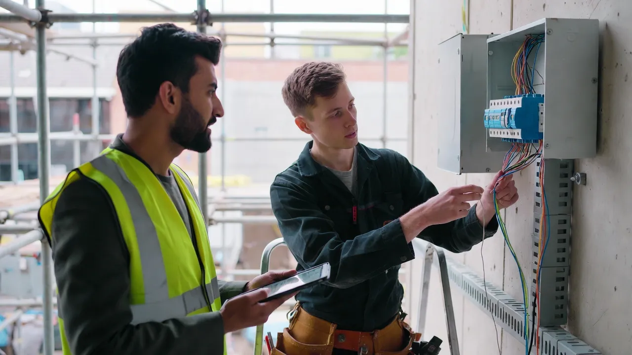 Vocational assessor in a hi-vis vest holding a tablet while observing an apprentice electrician wiring a consumer unit on a building site