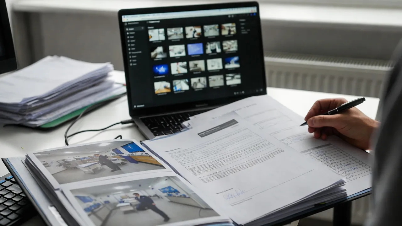 Internal quality assurer sampling a learner portfolio, annotating an assessment record beside a laptop showing photographic evidence
