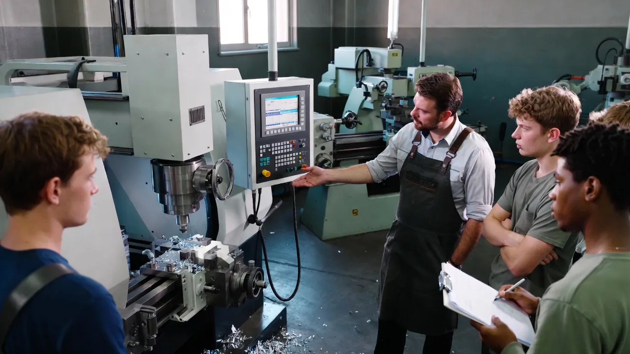 Trainer demonstrating a practical machining skill step by step to a group of TVET learners