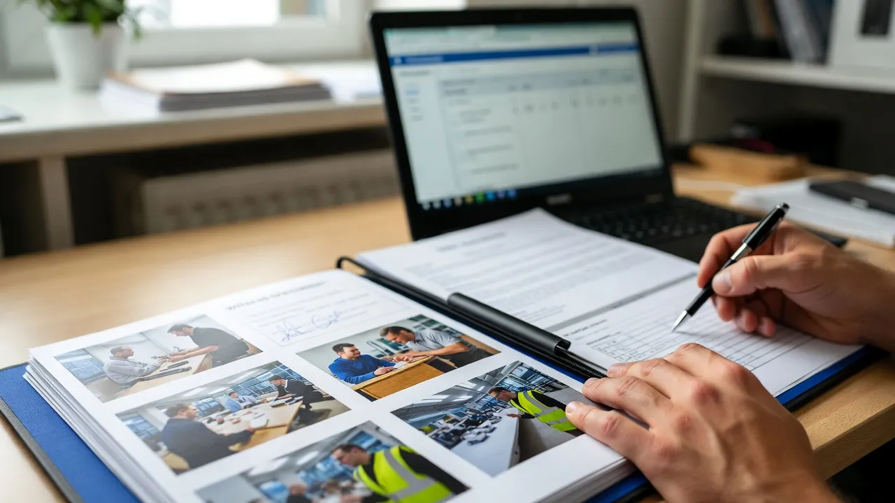 Assessor reviewing a learner portfolio of workplace photographs and a signed witness statement, pen in hand over an evidence checklist beside a laptop