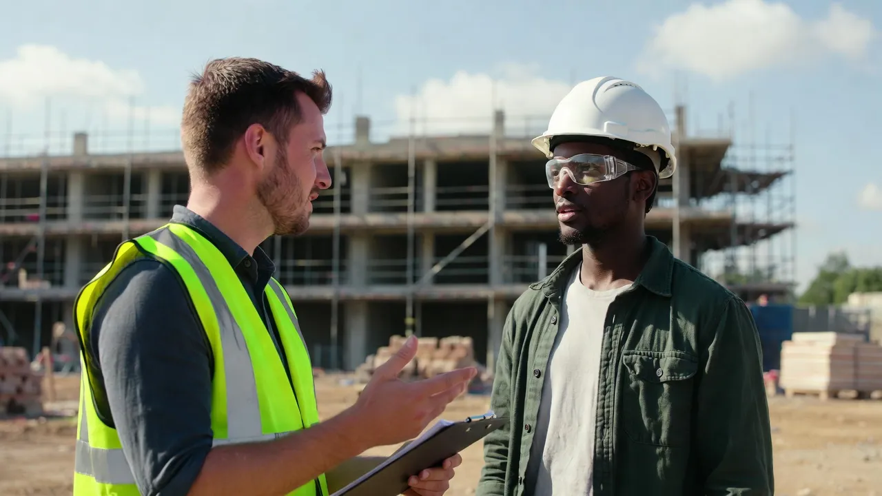 Assessor in a hi-vis vest with a clipboard talking with a construction worker in a hard hat and safety glasses on a building site