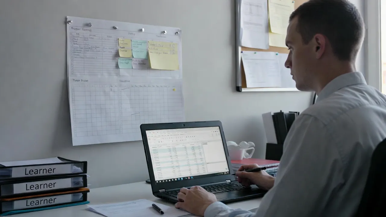 Internal quality assurer working on a sampling spreadsheet on a laptop beside a stack of learner files, with a planning chart on the wall