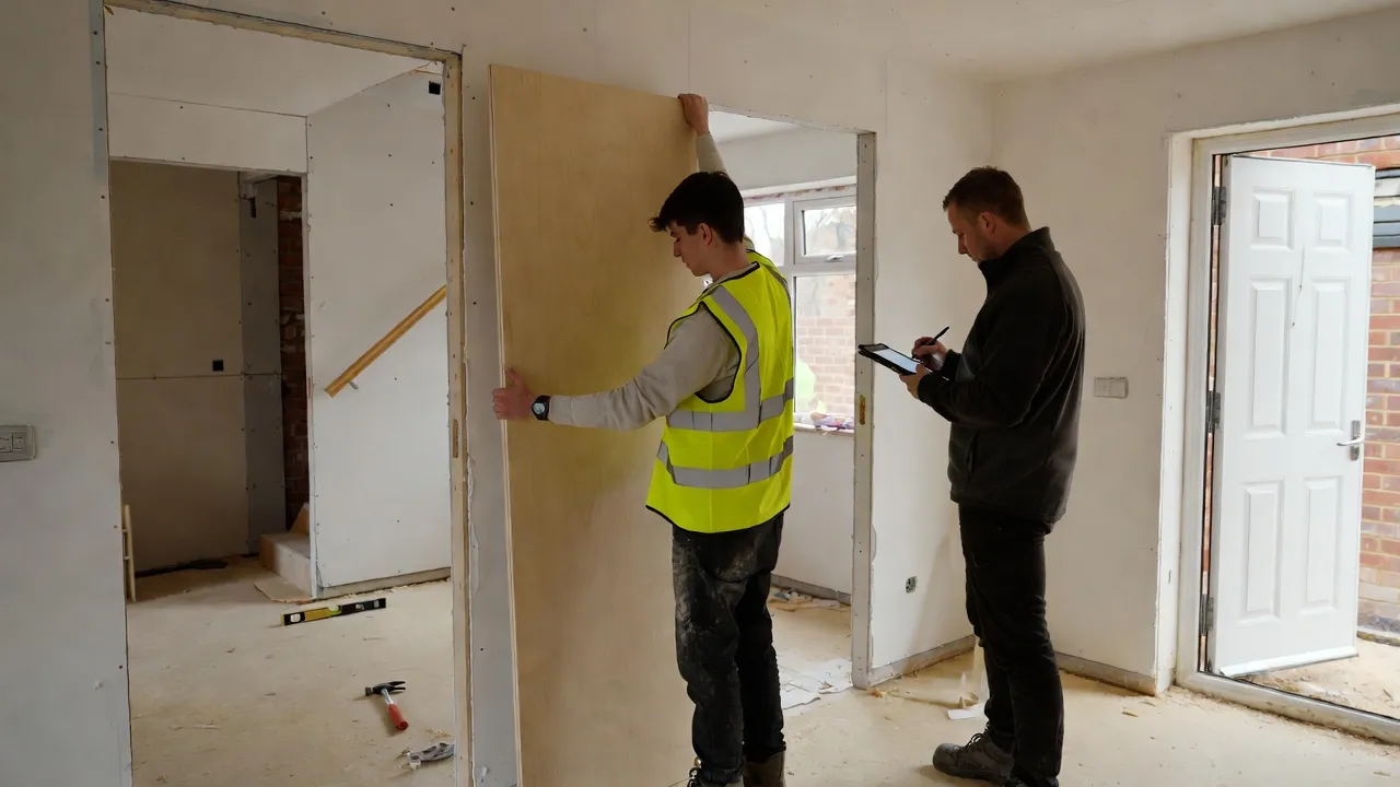 Apprentice carpenter offering up an internal door to a frame in a new-build house while an assessor records observation notes on a tablet