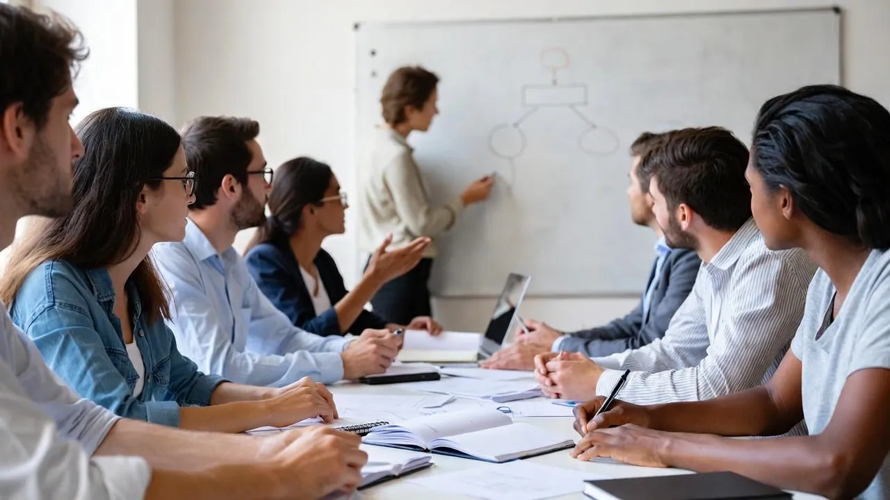 Group of adult learners around a training room table watching a tutor sketch a flowchart on a whiteboard