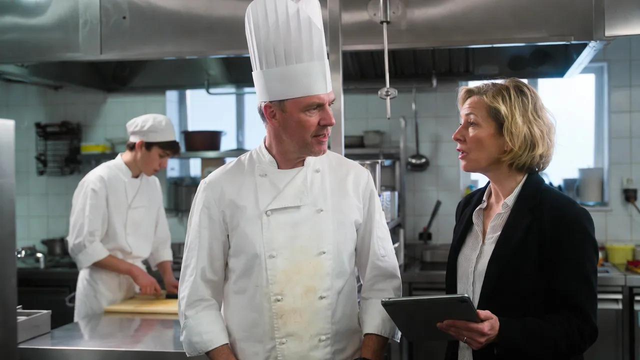 Head chef talking with an assessor holding a tablet in a commercial kitchen while an apprentice cook prepares food in the background